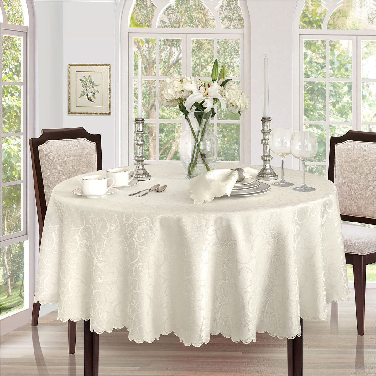 Newbridge Portofino scalloped damask tablecloth in ivory, 70-inch round for elegant dining