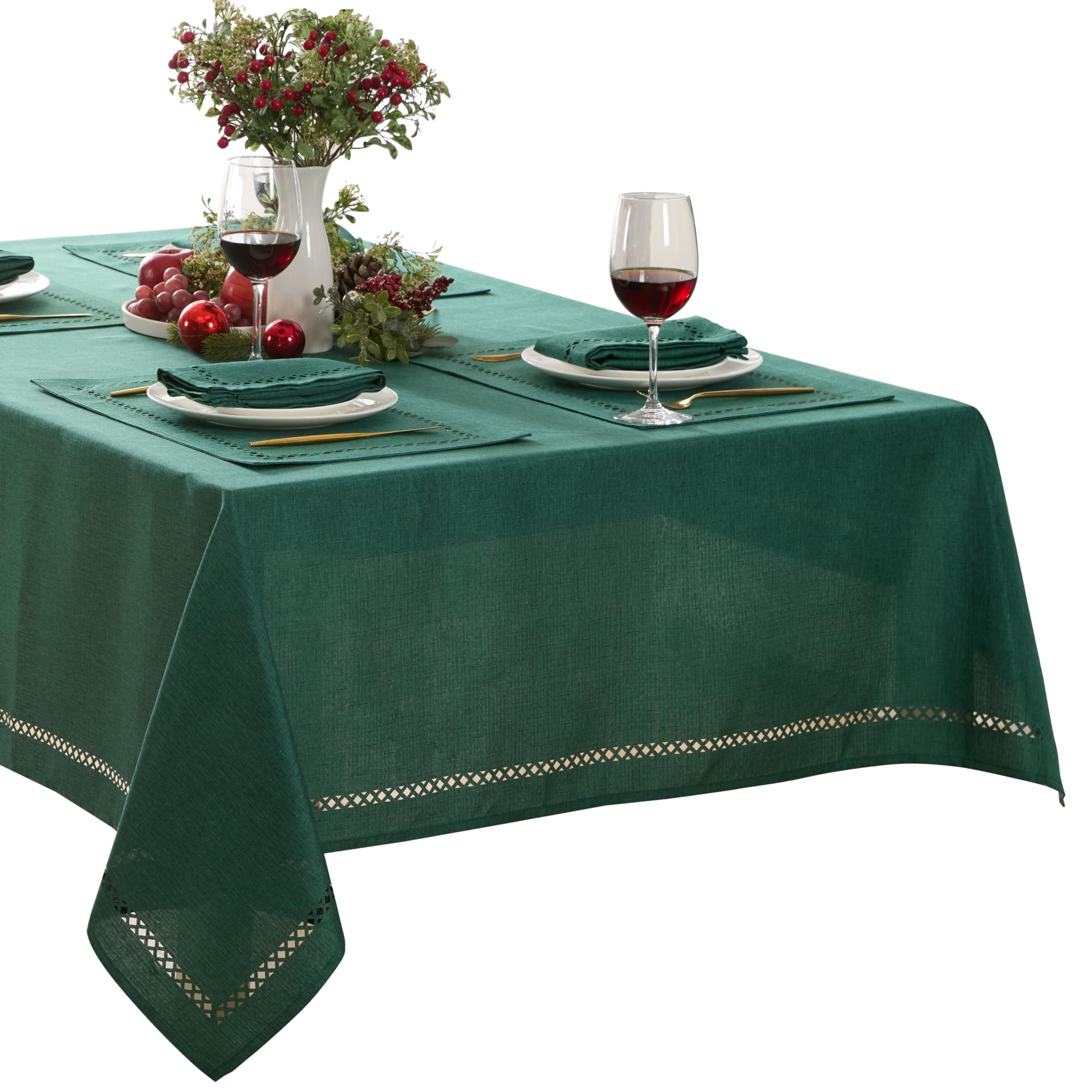 Newbridge Provence lattice tablecloth 60x120 evergreen on a festive table protects surfaces with holiday charm.