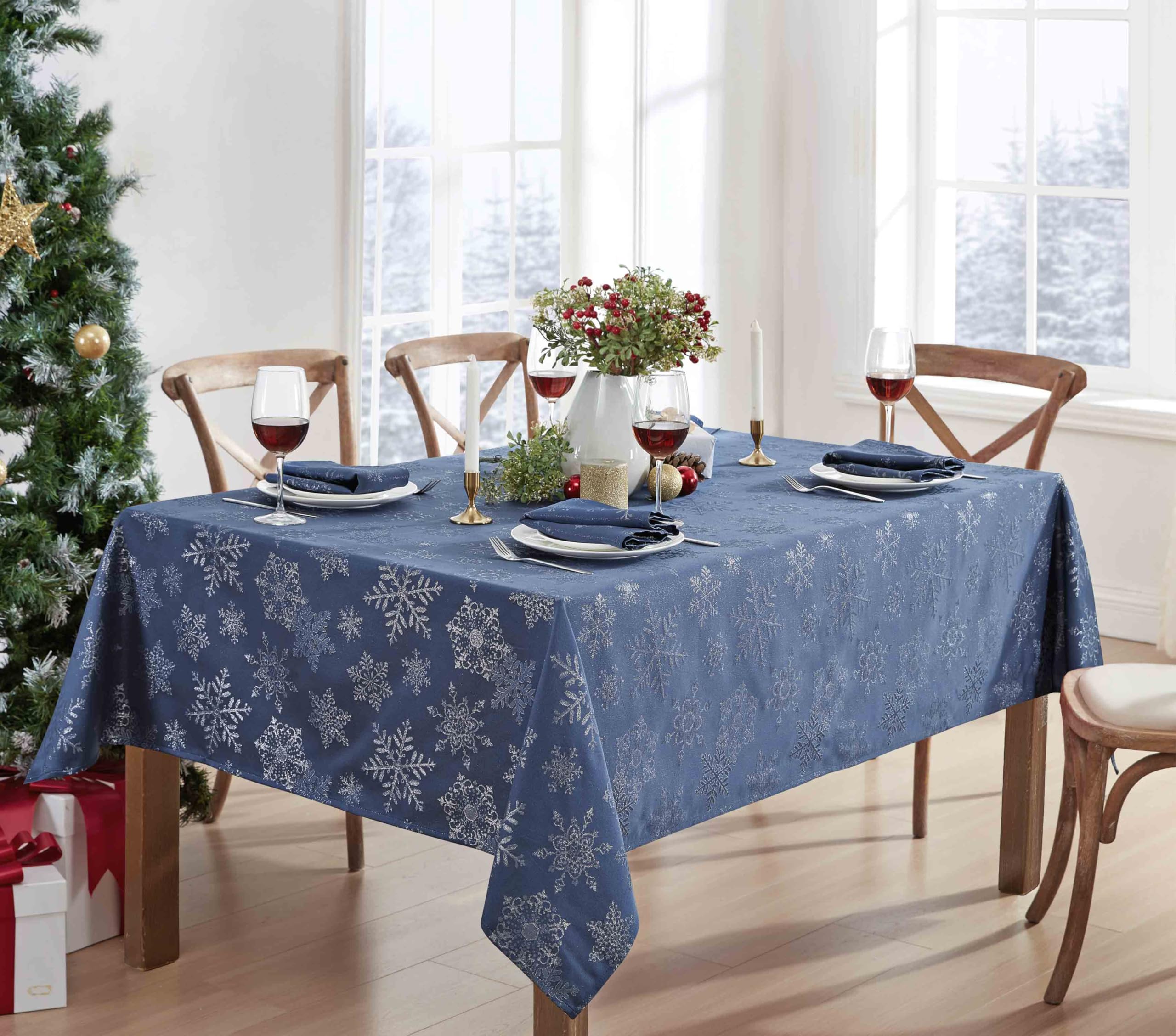 Newbridge sparkling snowflakes weave on a tablecloth enhancing holiday ambiance