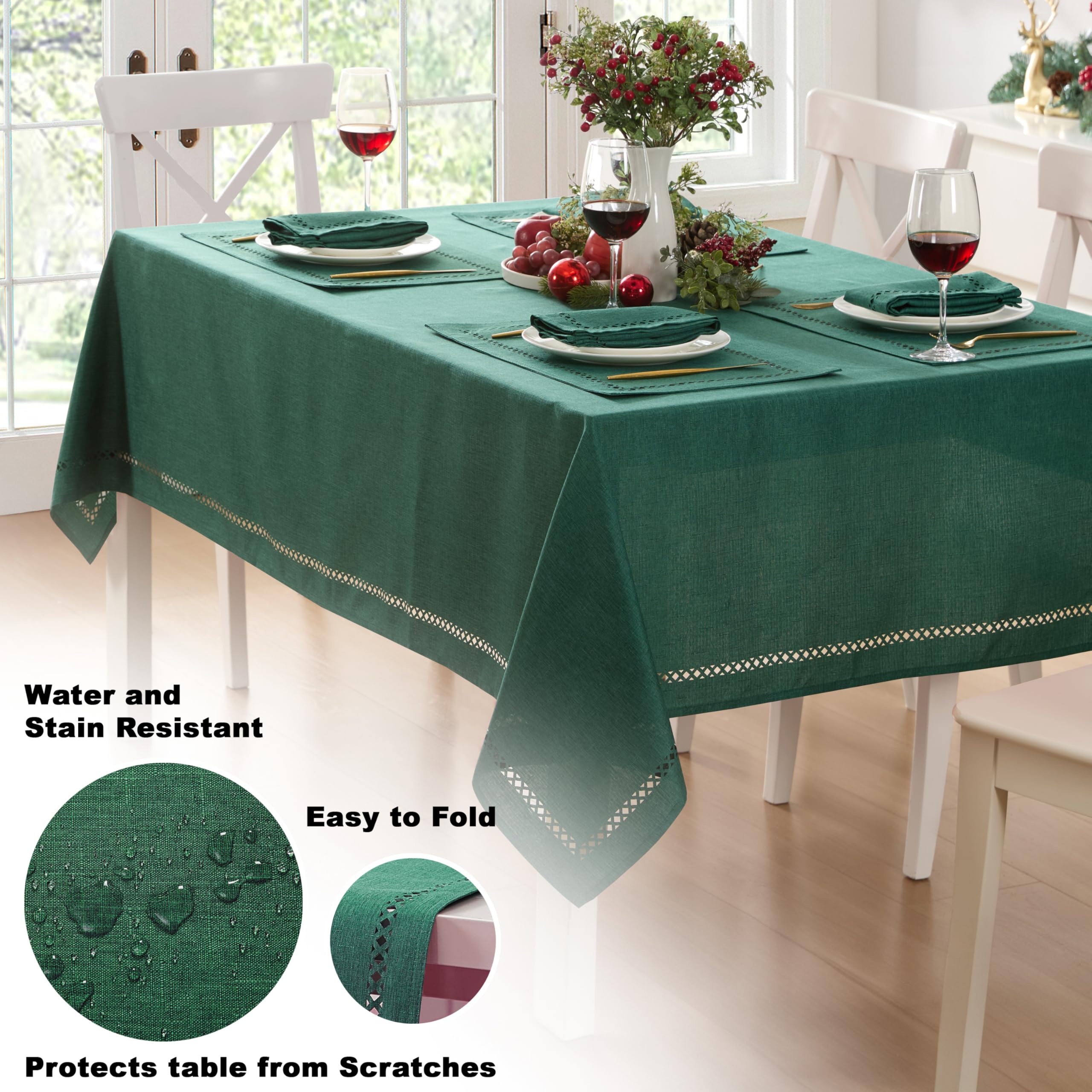 Newbridge water-resistant tablecloth demonstrates spill protection for indoor and outdoor dining.