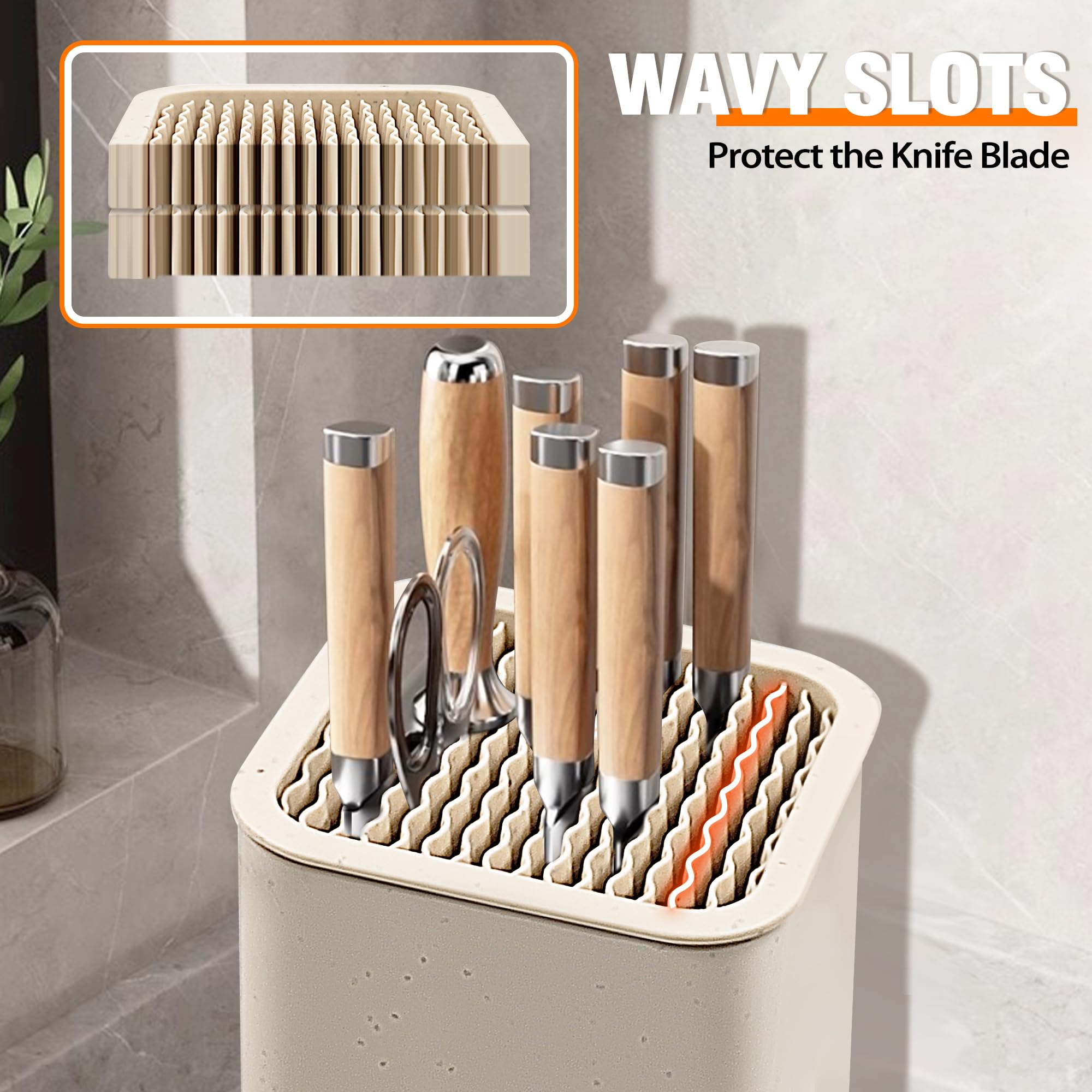 Space-saving knife block fits tight counters while keeping essentials within reach.