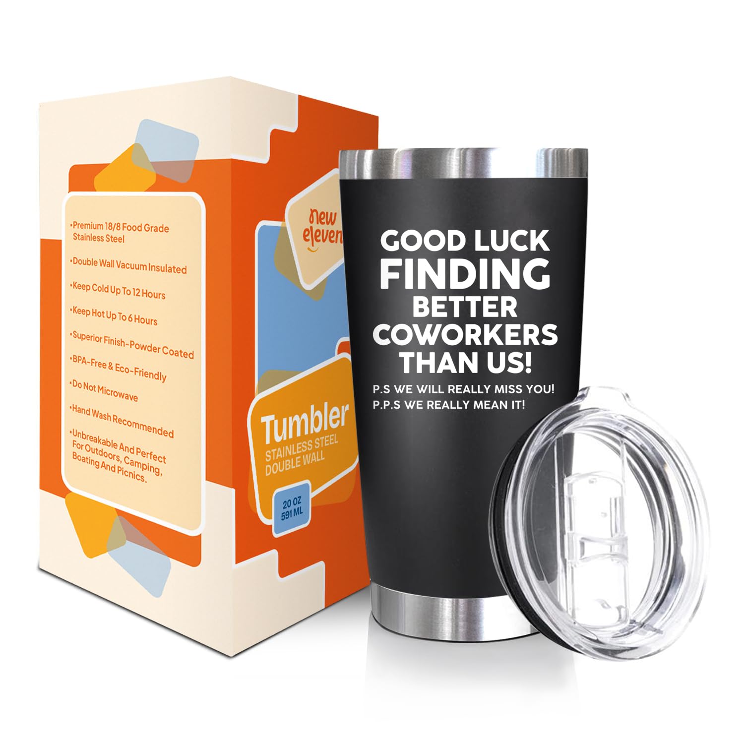 NewEleven co-worker leaving gift tumbler, lid open to show spill‑proof design