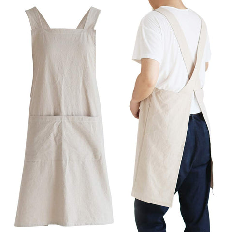 NEWGEM Japanese Linen Cross-Back Apron with two pockets for easy tool access.