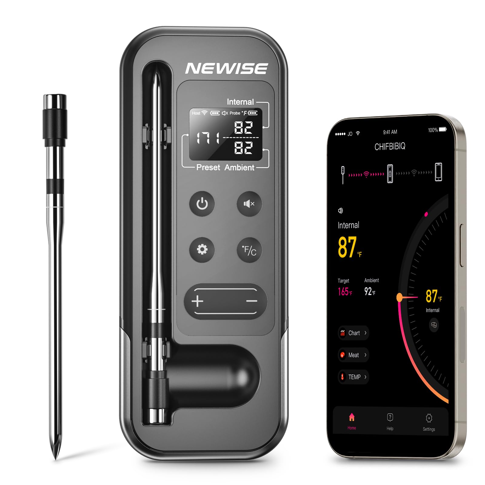 Newise Bluetooth thermometer app display with real-time temps for precise grilling.