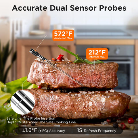 Newise rechargeable probe close-up highlighting quick 10-minute charging for all-night grilling.
