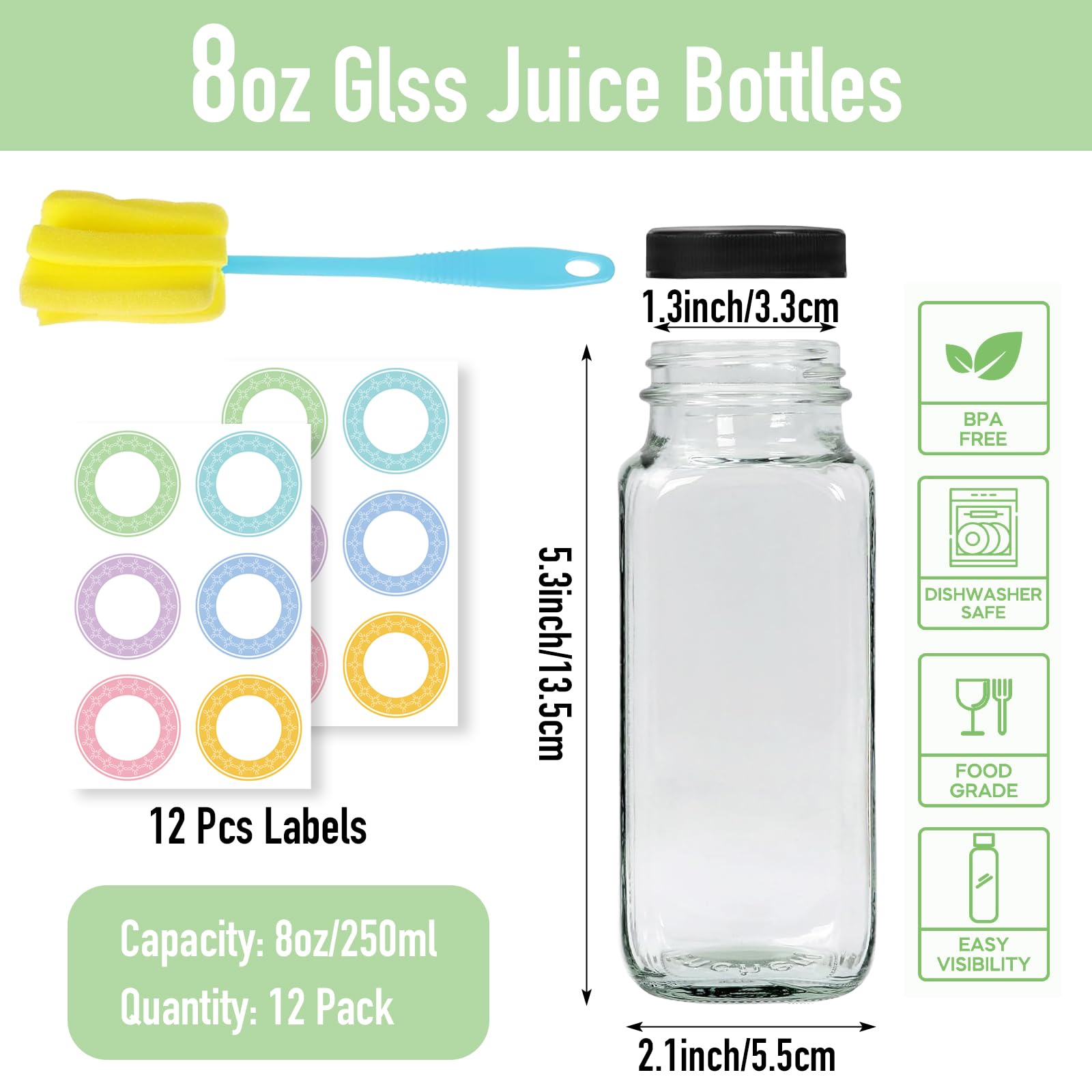 NEWMIAO glass juice bottles 250 ml with leak-proof caps for spill-free transport
