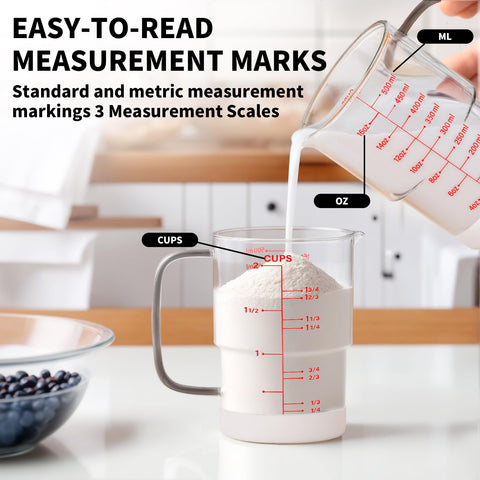 Newness 3-scale measuring cup shows cup, ml, and oz at a glance.