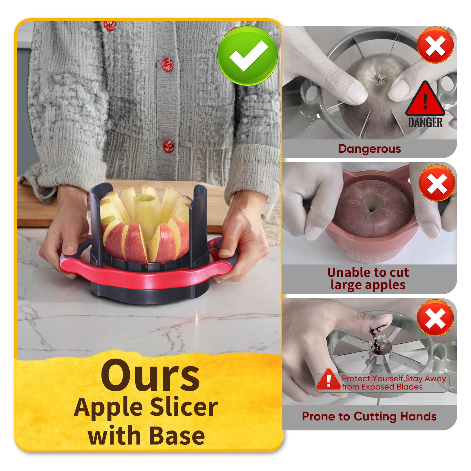 Newness apple slicer shows blade embedded in base for clean through-cut
