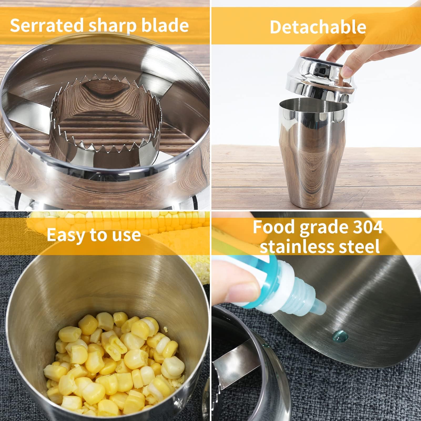 Newness corn stripper removes corn from cob with quick twist.