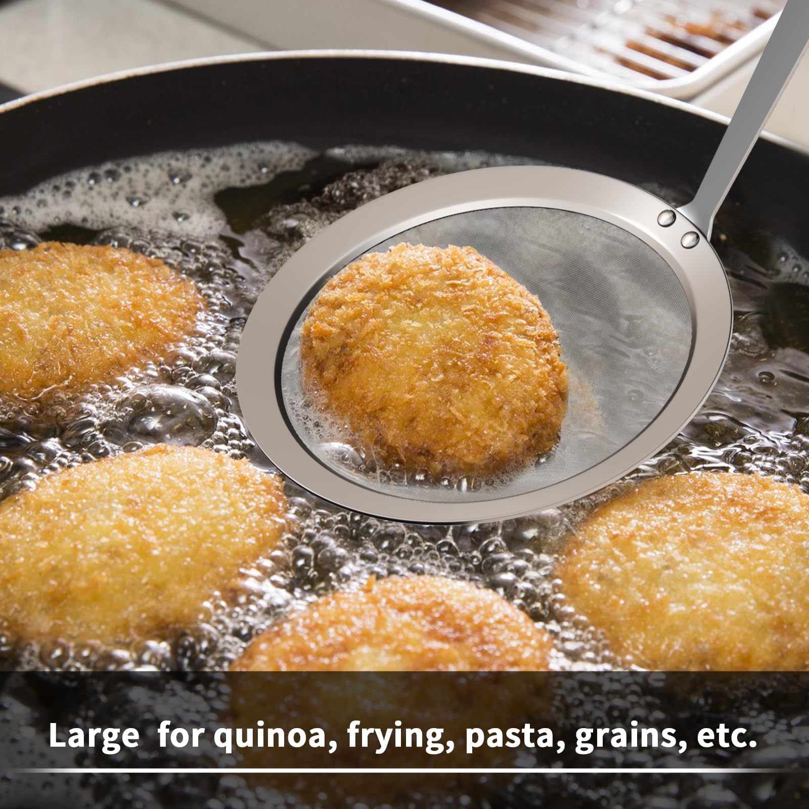 Newness fine mesh skimmer spoon long handle for safe handling of hot liquids