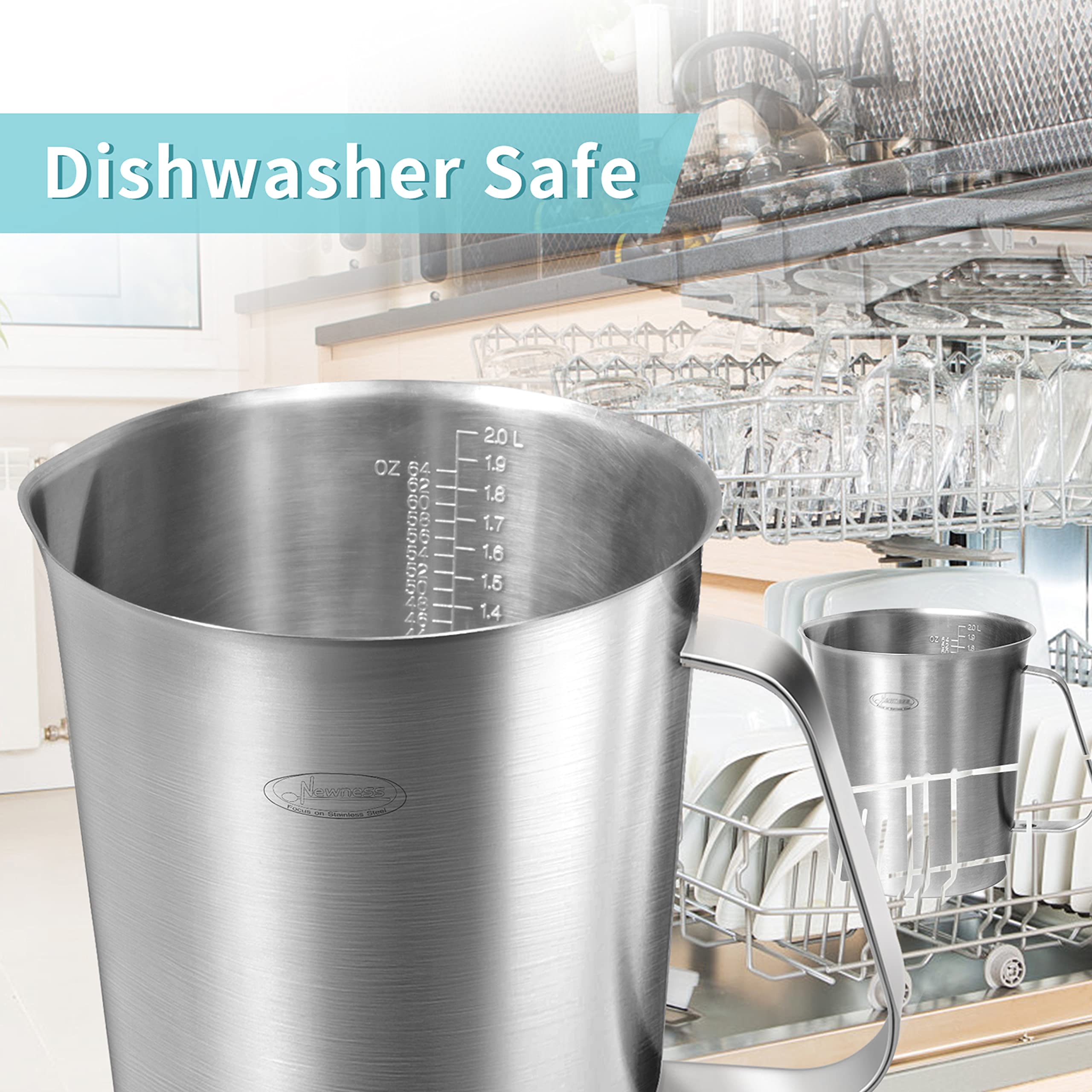 Newness measuring cup angled handle aids controlled pouring.