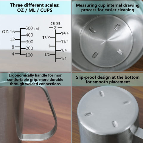 Newness stainless steel measuring cup with wide mouth for easy cleaning after use.