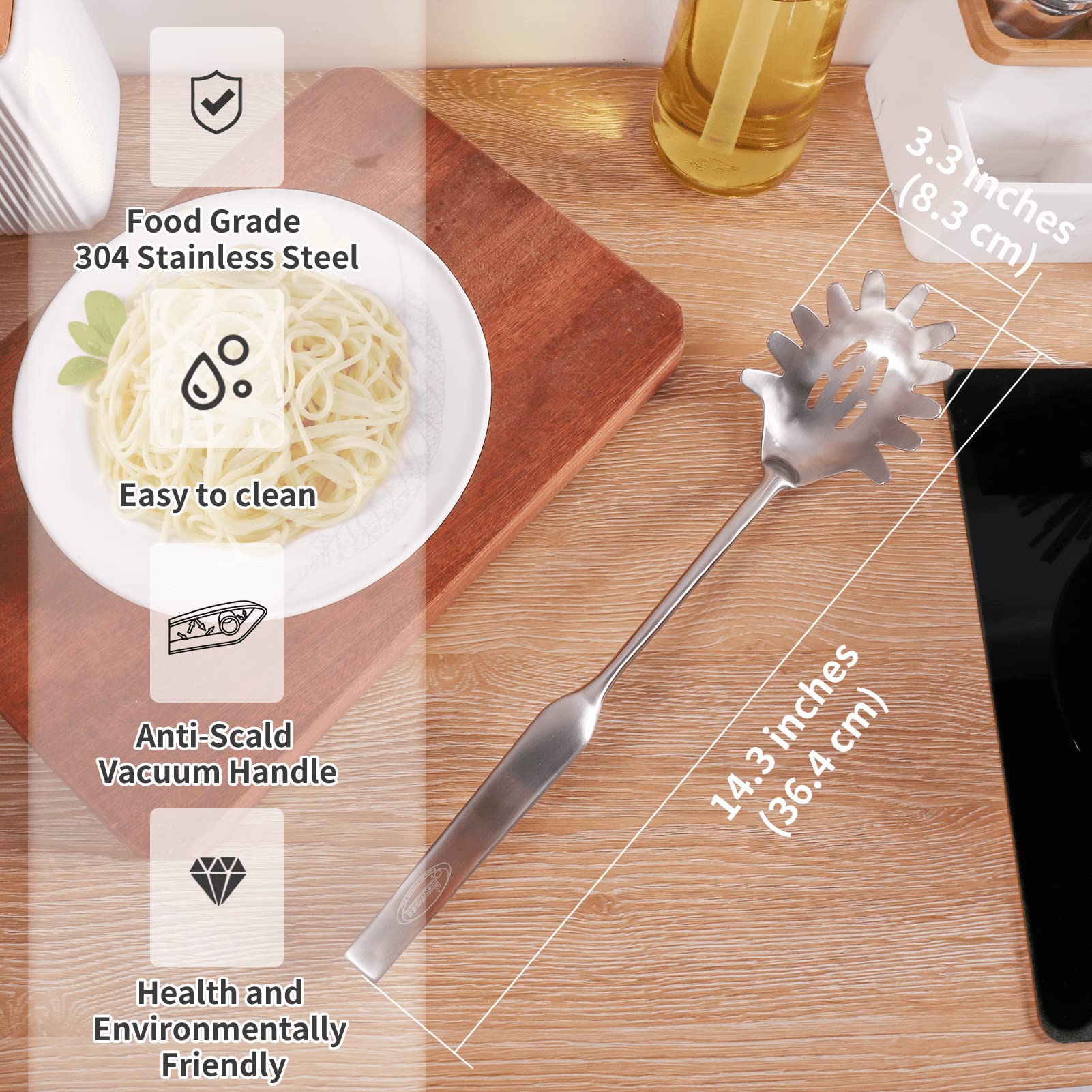 Newness Spaghetti Server, integral forming, ensures durability and smooth cleaning.