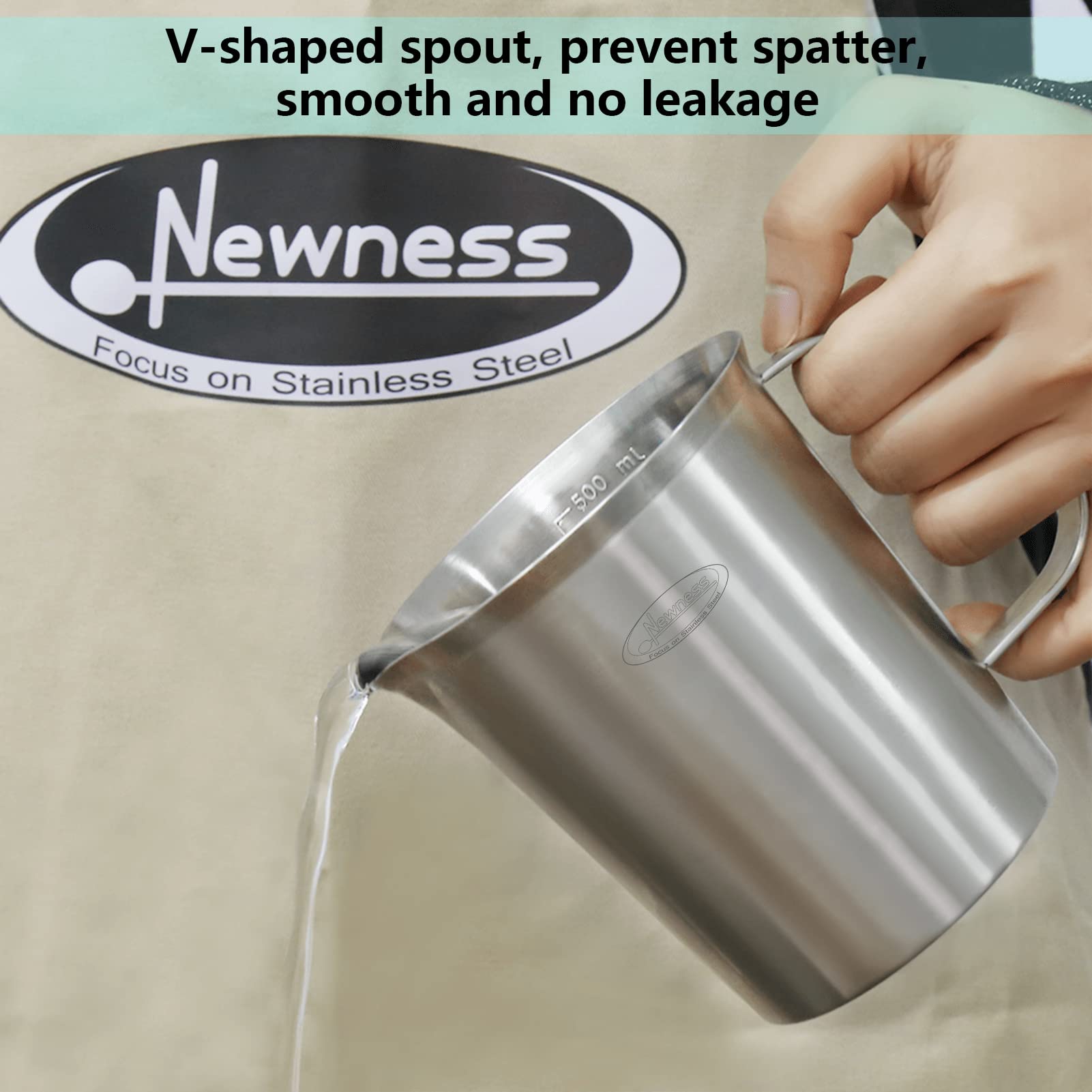 Newness measuring cup with ergonomic grip handle for secure pouring.