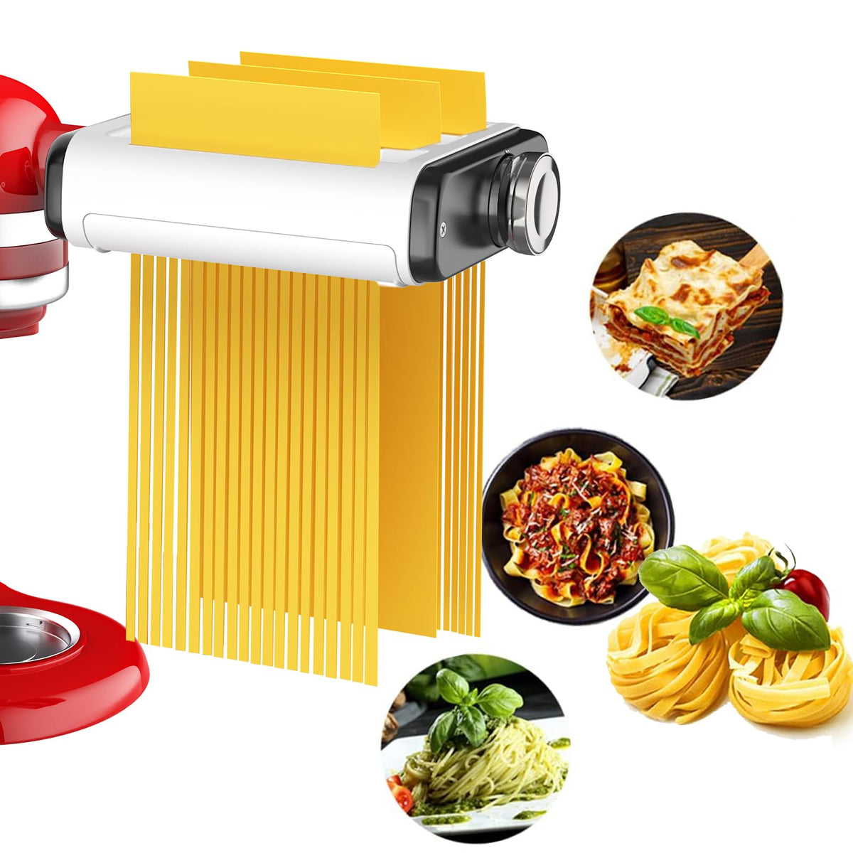NEWSETS pasta roller on a KitchenAid mixer creates smooth dough sheets for fresh pasta.