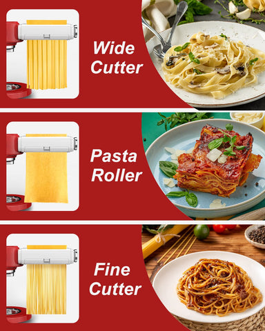 NEWSETS spaghetti cutter attached to a KitchenAid, producing evenly cut spaghetti strands.