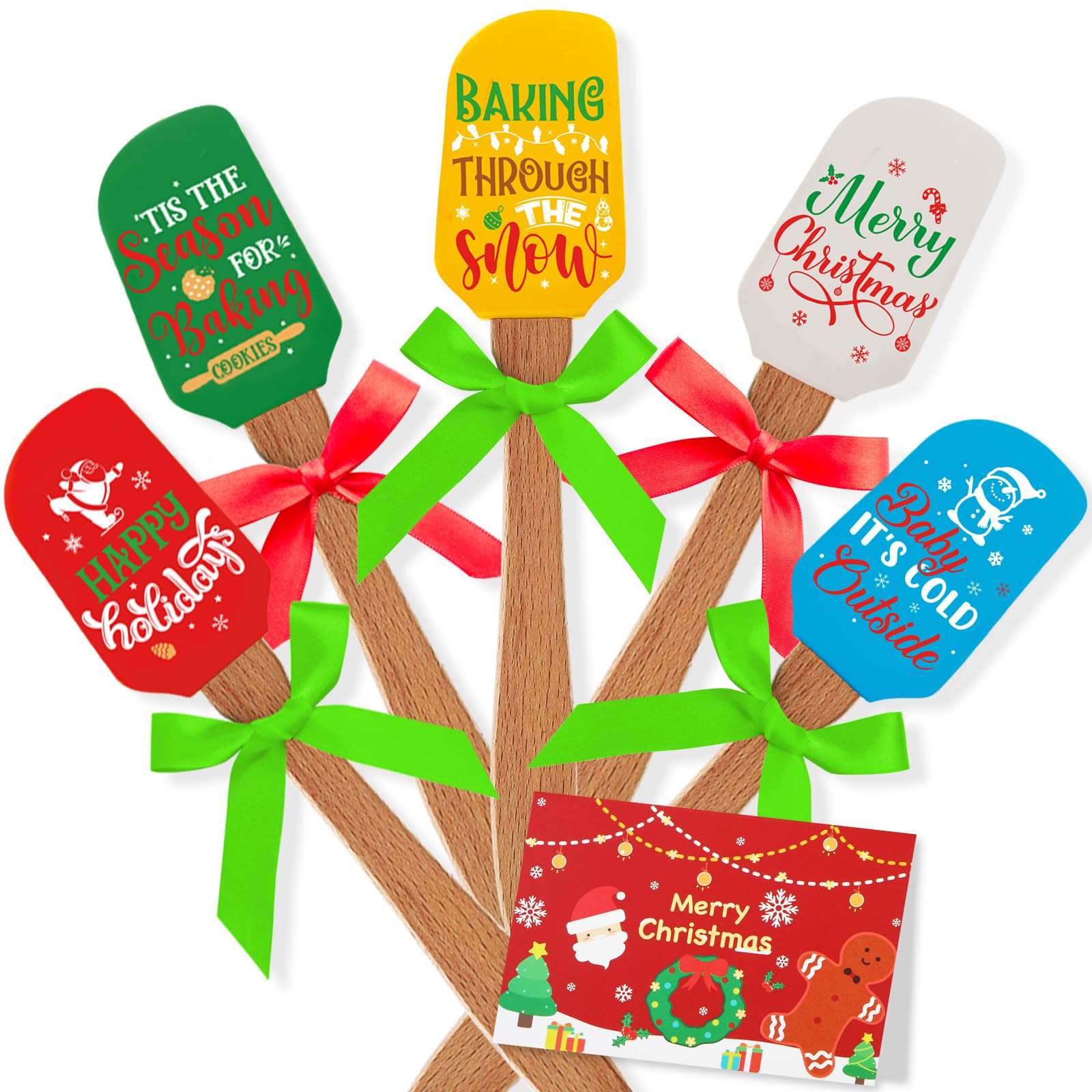 Newtay Christmas silicone spatula set with wooden handles in full display for holiday baking.