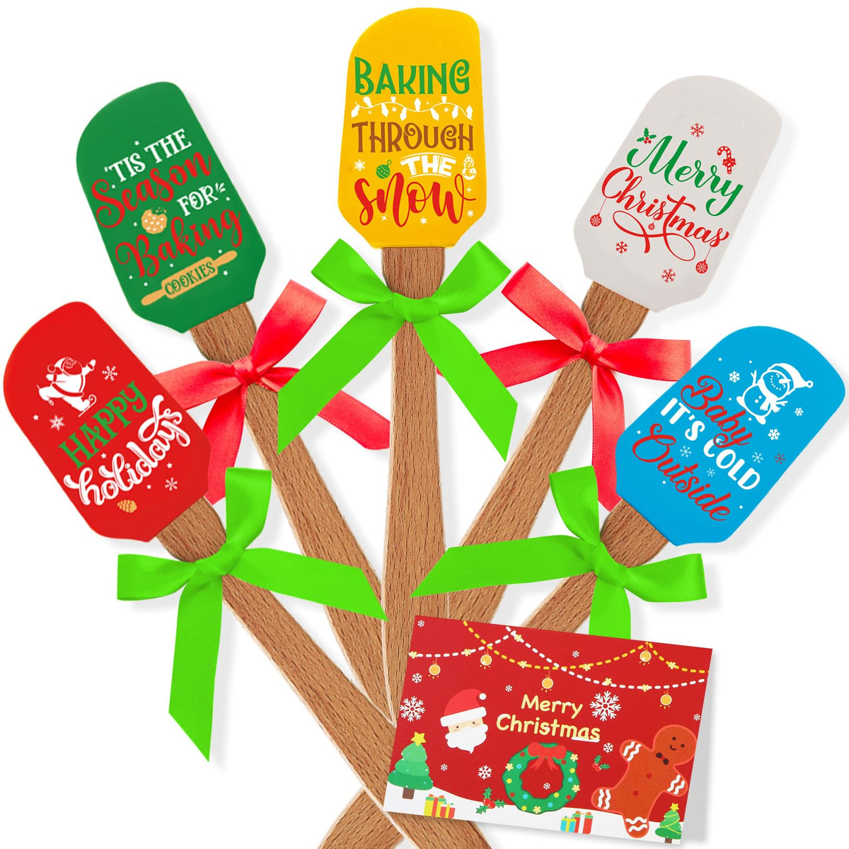 Newtay Christmas silicone spatula set with wooden handles in full display for holiday baking.