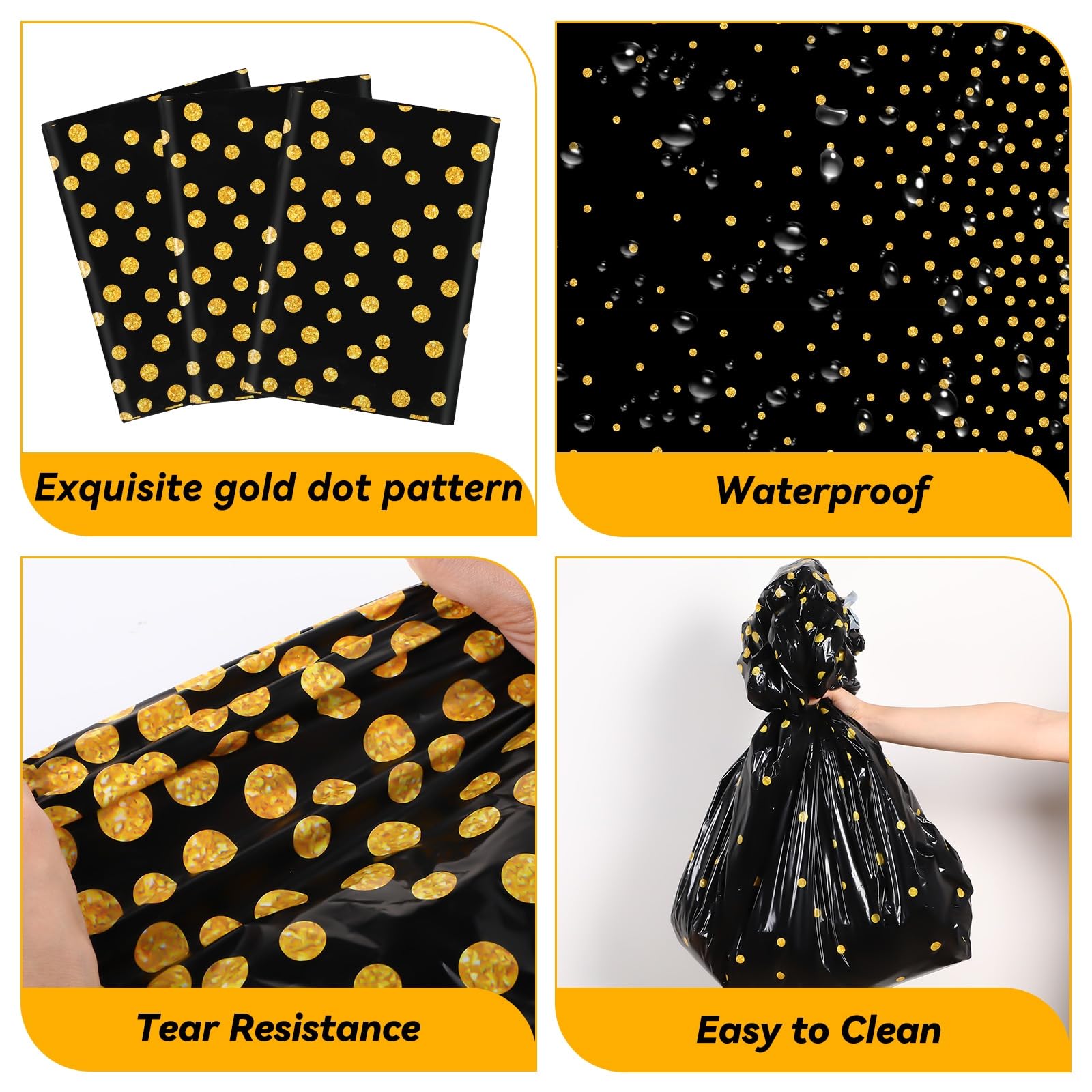 Newwiee confetti-dots tablecloth in black and gold adds elegance