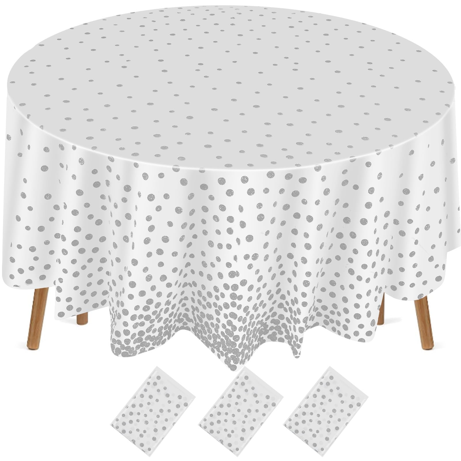Newwiee round dot tablecloth with white-silver dots for complete 84-inch table coverage.