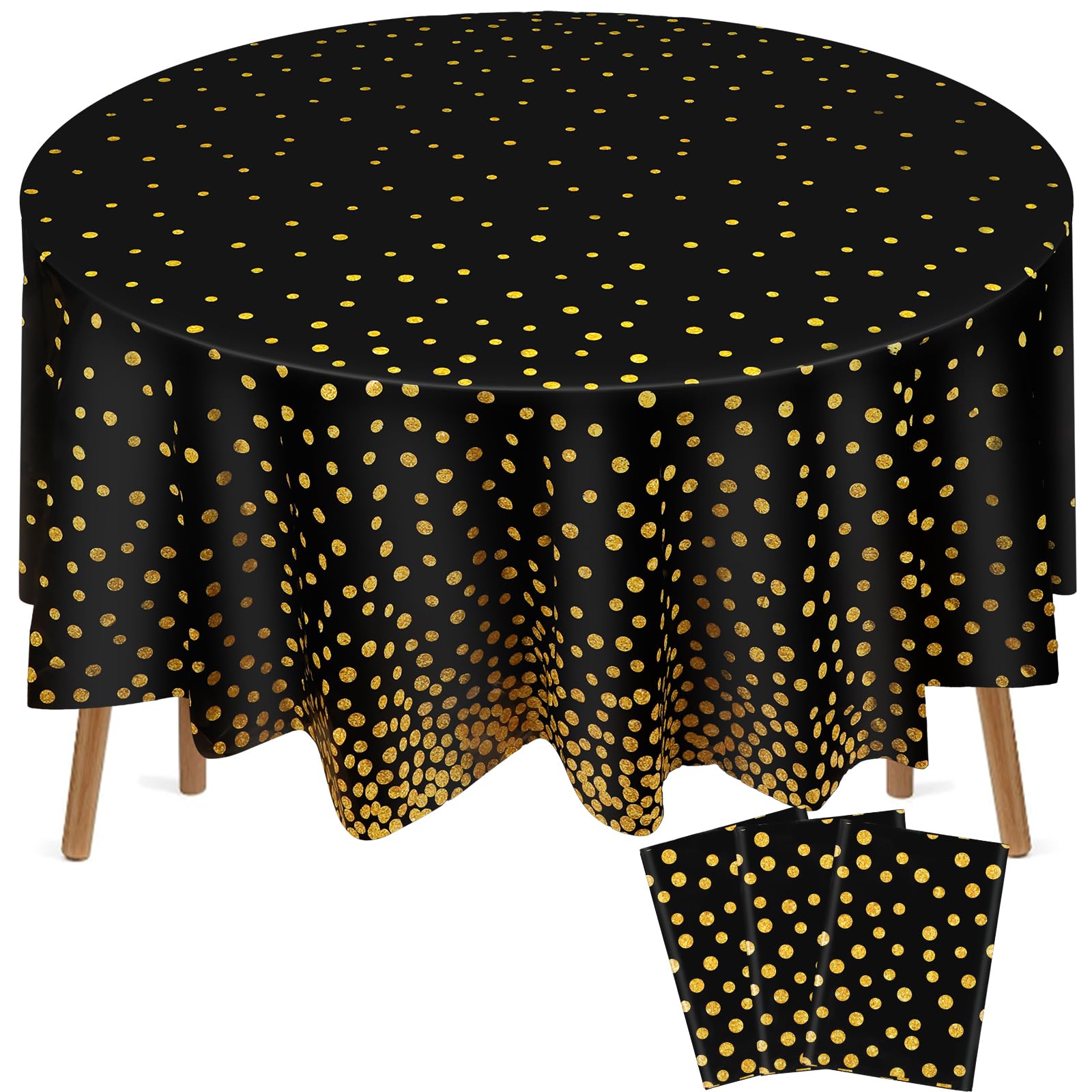 Newwiee round tablecloth with 84-inch diameter and black gold dot design
