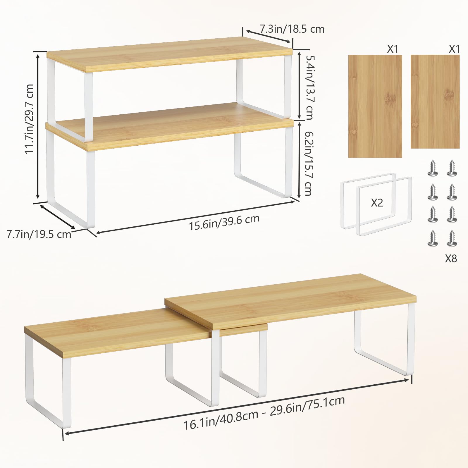 NEX expandable shelves demonstrate adjustable length from 16.1 to 29.1 inches for flexible storage.
