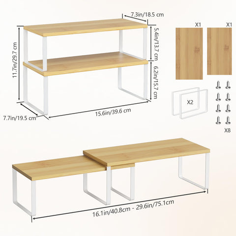 NEX expandable shelves demonstrate adjustable length from 16.1 to 29.1 inches for flexible storage.