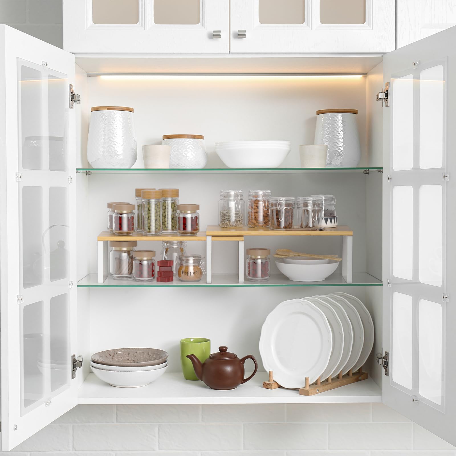 NEX bamboo spice rack stackable shows two tiers for easy access.