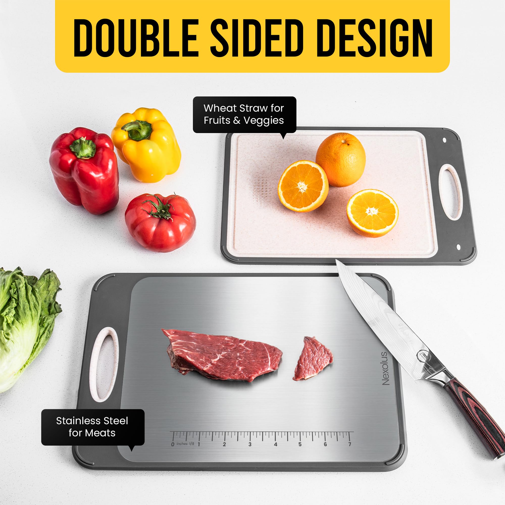 Nexolus cutting board with built-in 7 inch measuring scale for precise portions