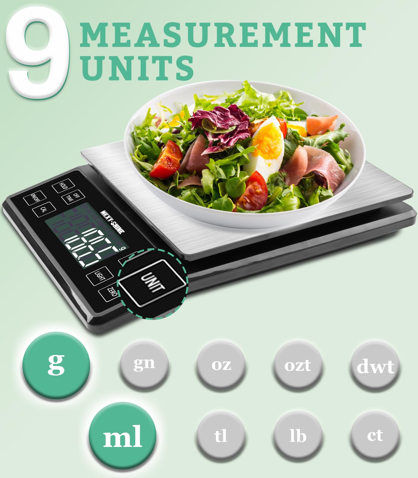 NEXT-SHINE scale with clear LCD display for easy reading in any light.