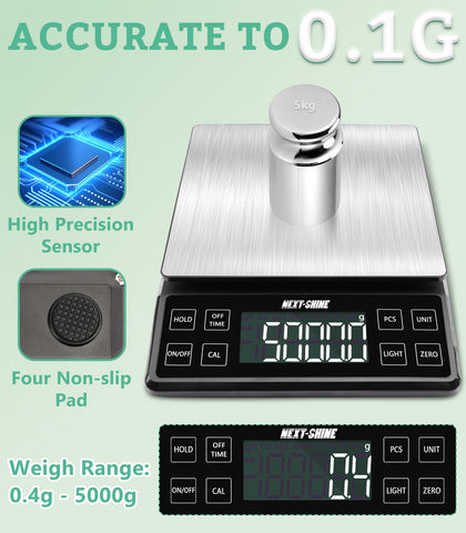 NEXT-SHINE scale featuring HOLD function for stable readings during prep.