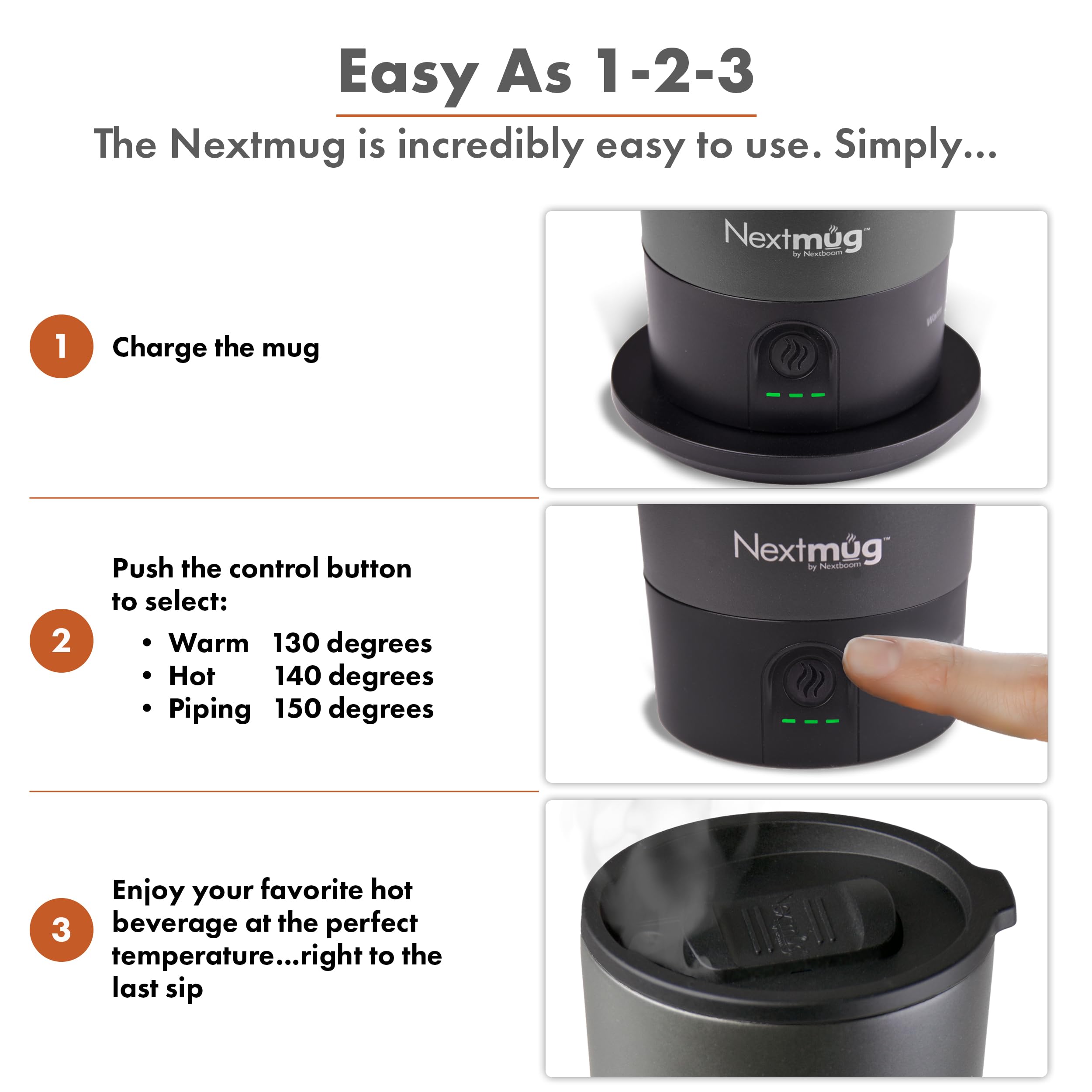 Nextmug Go docking coaster charges the mug at home or office.