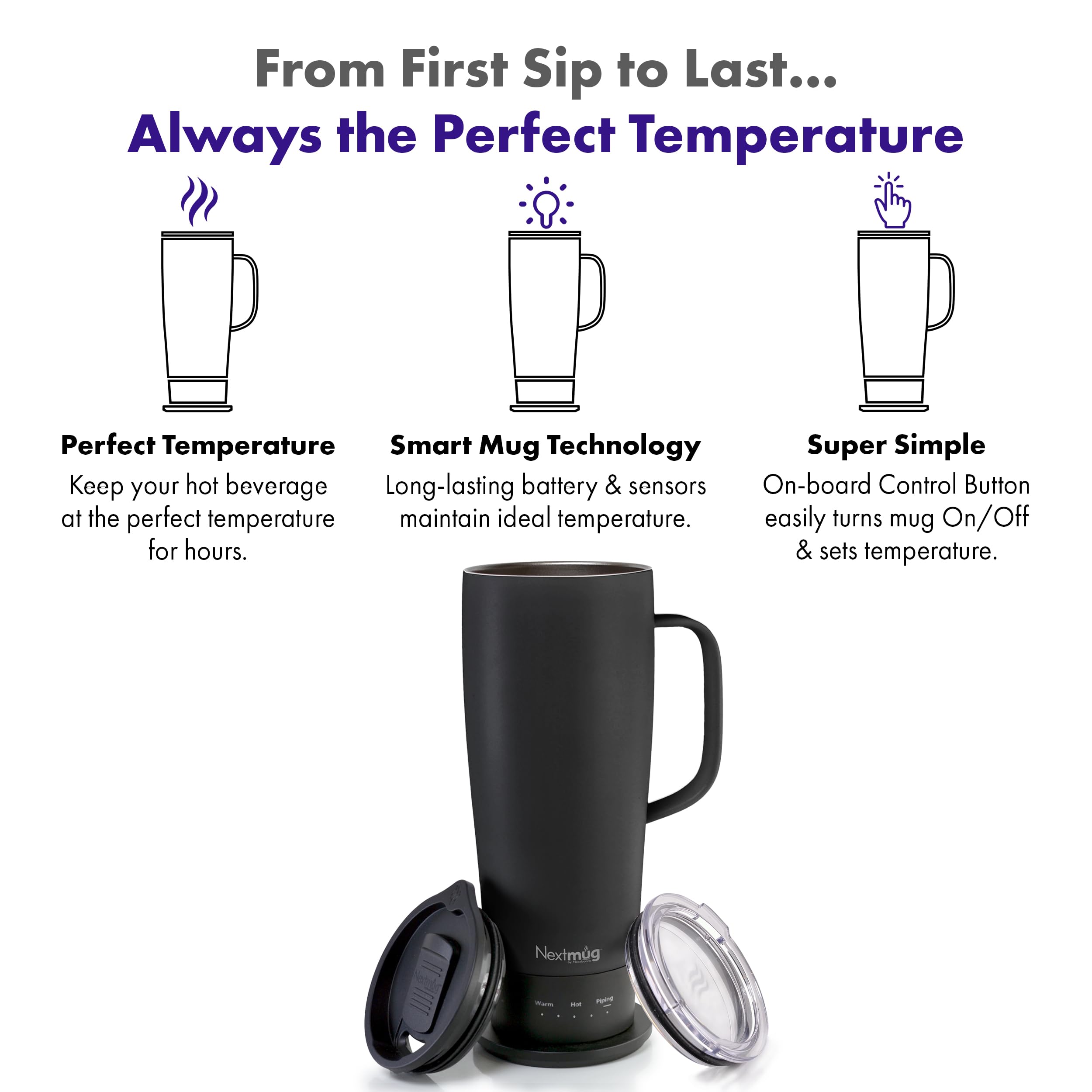 Nextmug Ultra battery indicator displays real-time temperature for awareness.