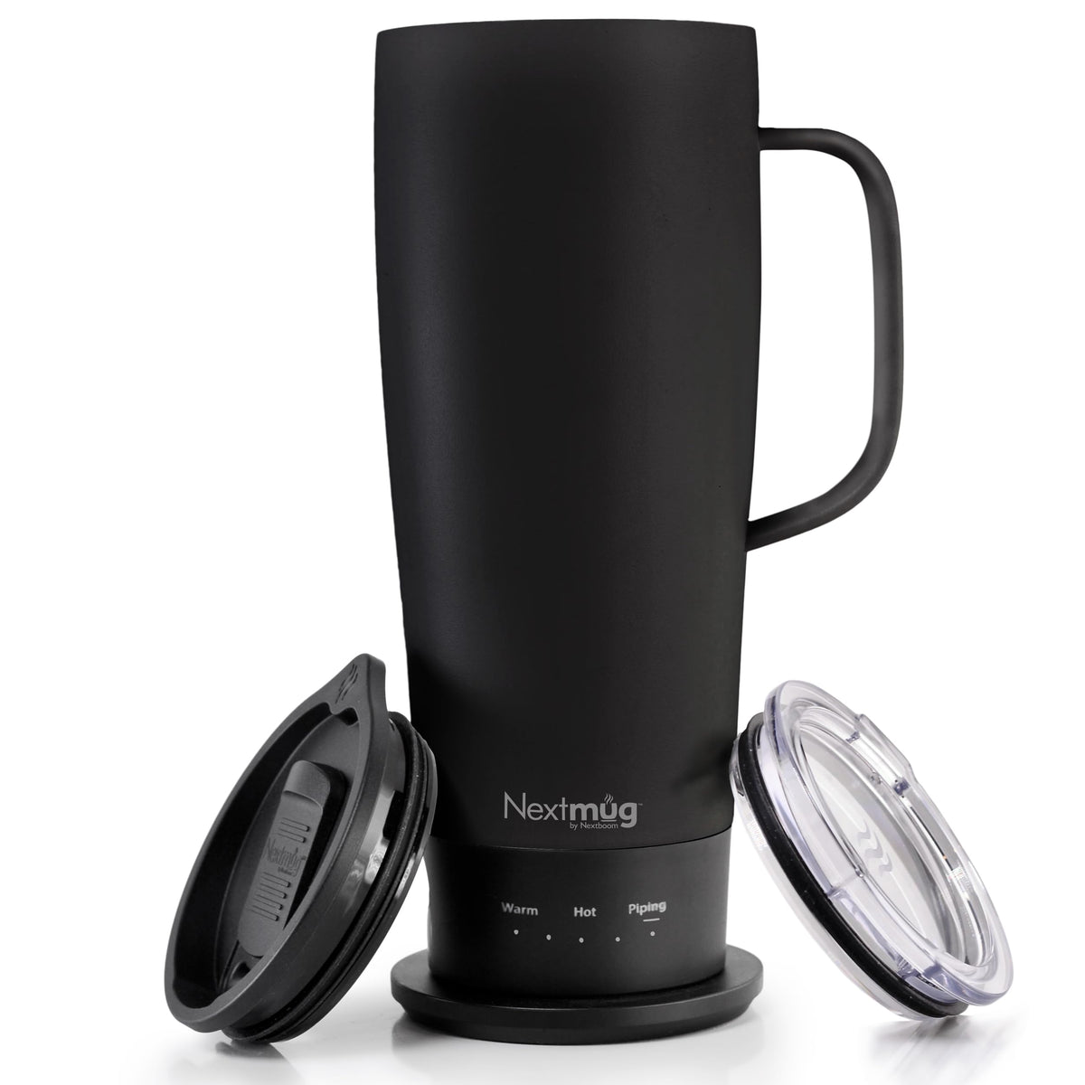 Nextmug Ultra front view shows sleek black design for on-the-go sipping.