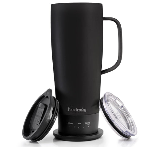 Nextmug Ultra front view shows sleek black design for on-the-go sipping.