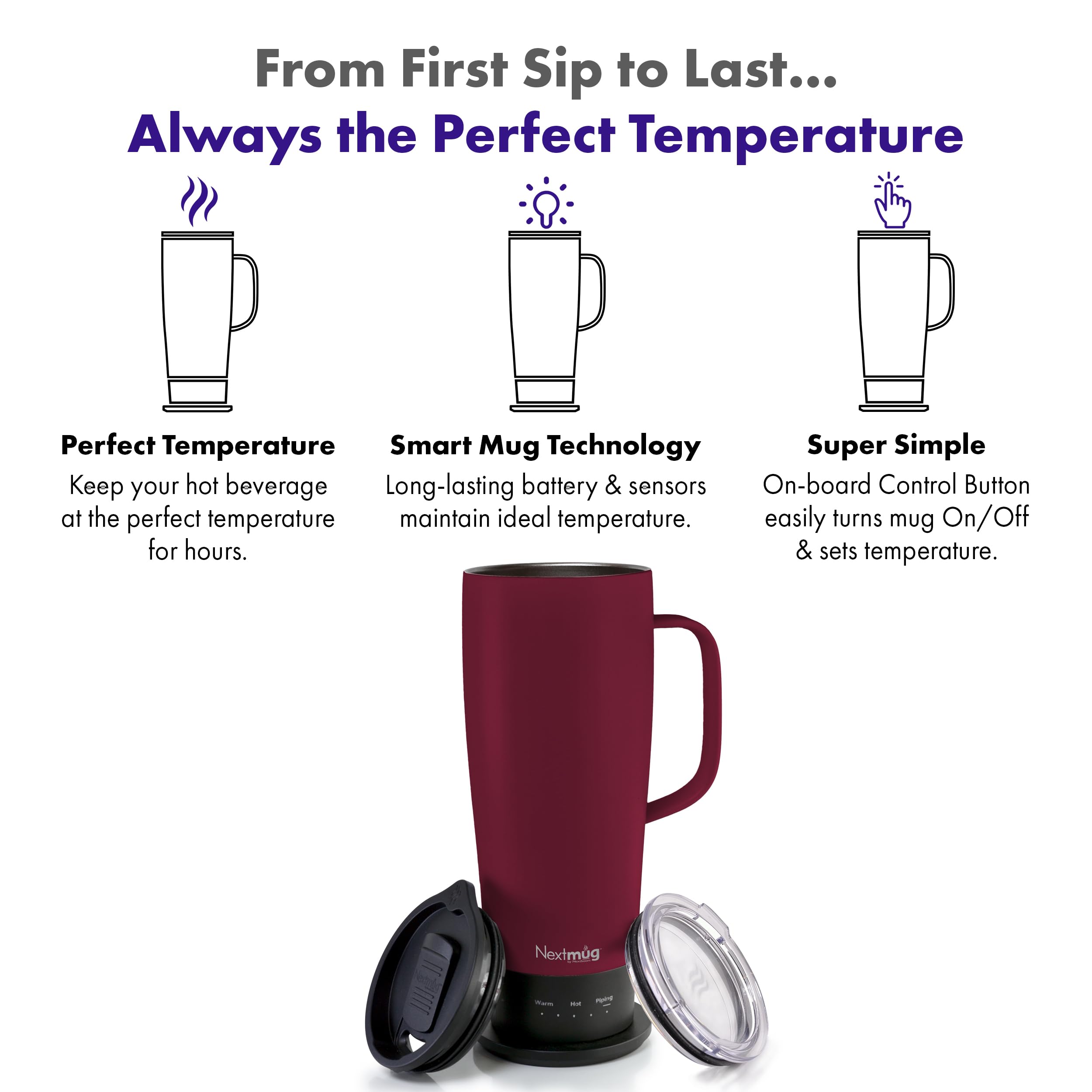 Nextmug Ultra Burgundy on docking coaster shows easy charging and readiness.
