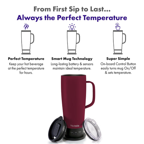Nextmug Ultra Burgundy on docking coaster shows easy charging and readiness.