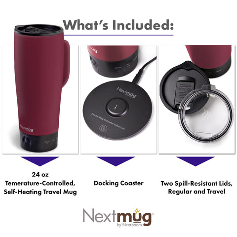 Nextmug Ultra Burgundy no-spill travel lid prevents leaks during travel.