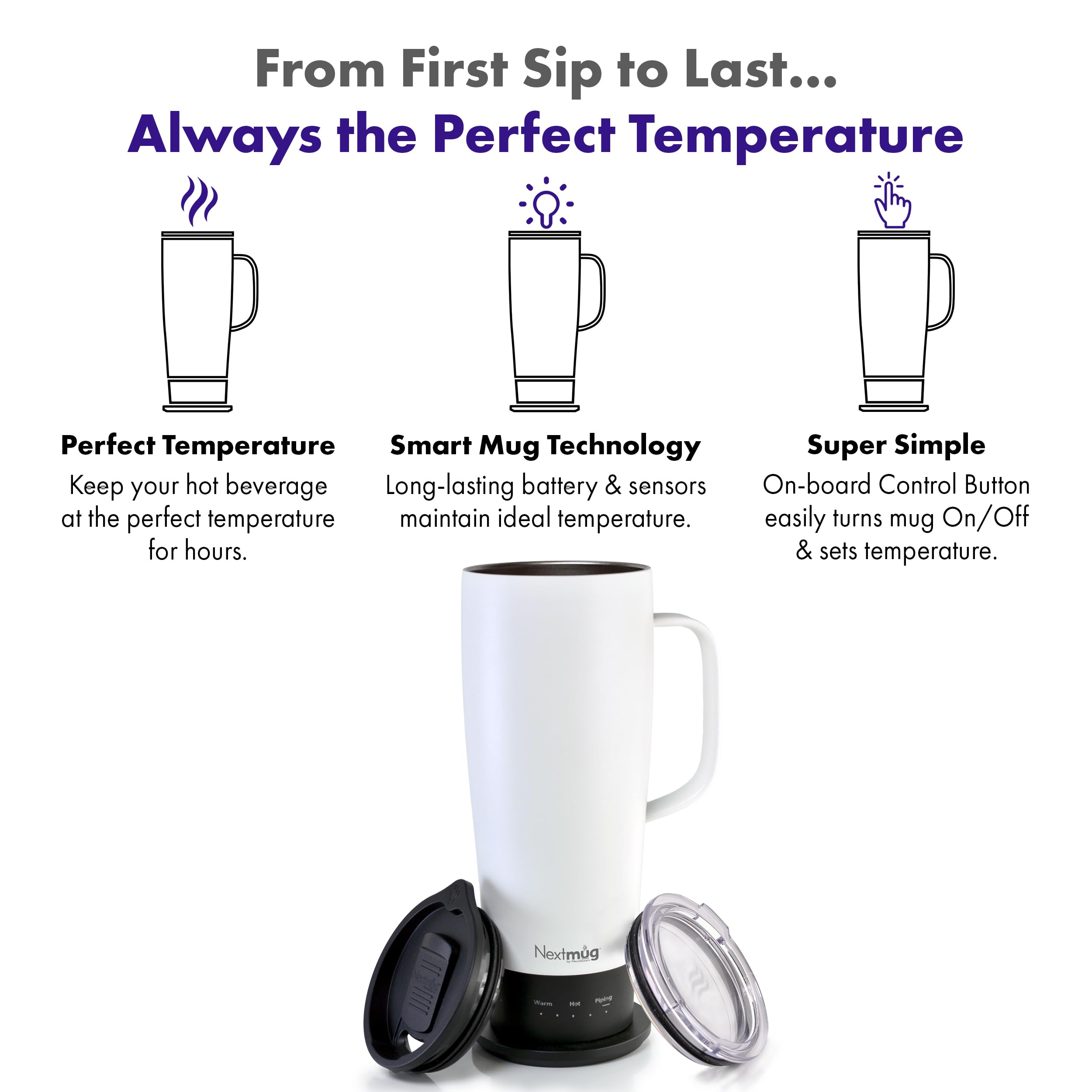 Nextmug Ultra shows Warm, Hot, and Piping temperature settings for personalization.