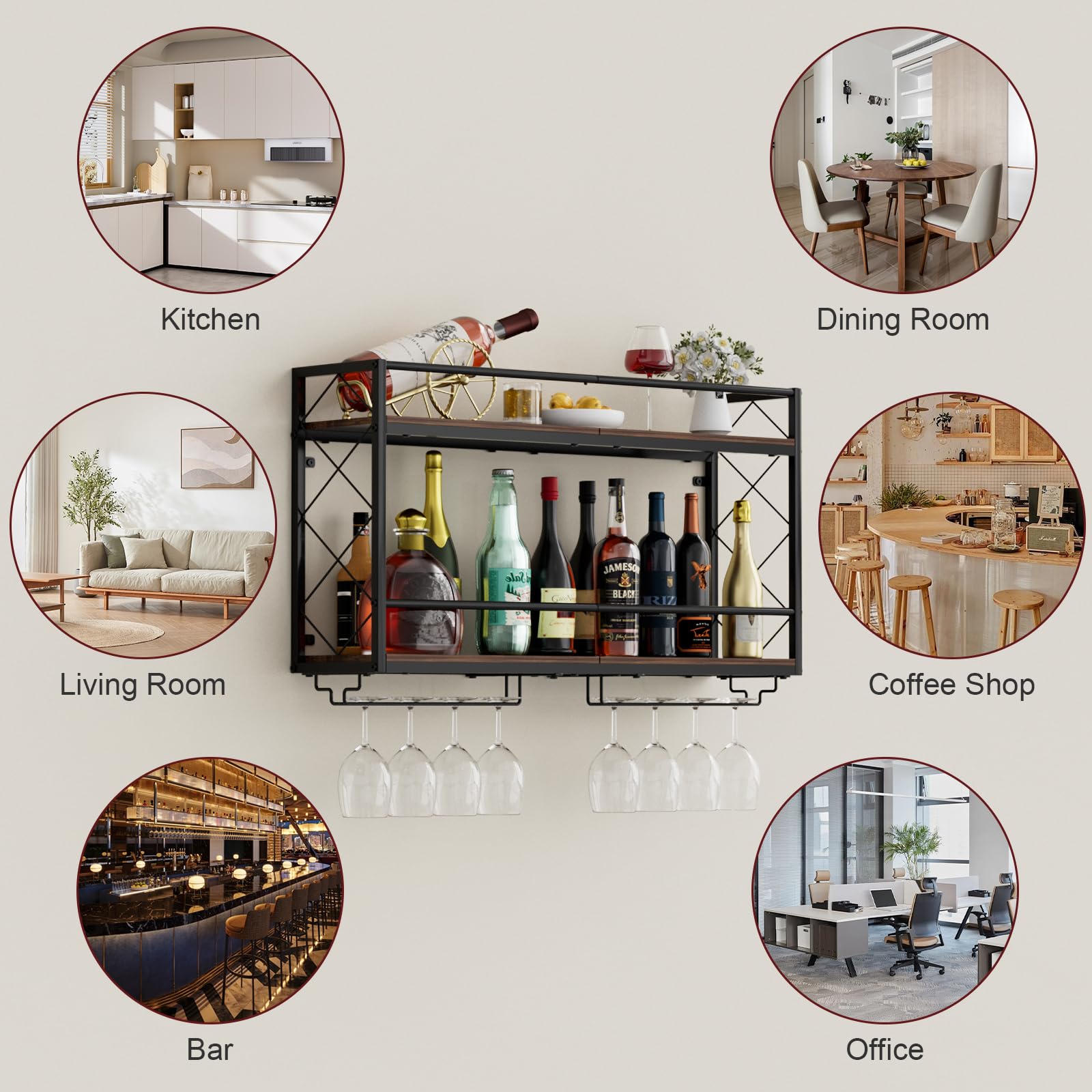 NEYCIL retro-style wall wine display enhances kitchen, dining, or cafe decor.