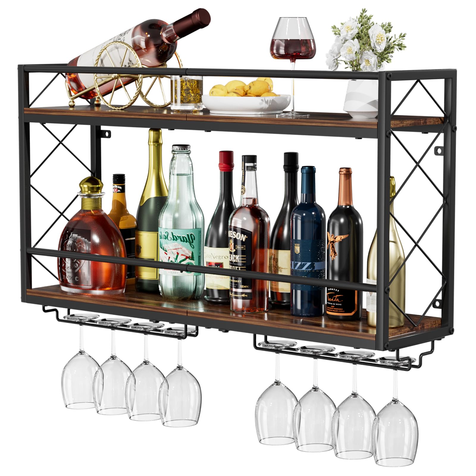 NEYCIL wall-mounted wine rack with two-tier glass holder for space-saving display.