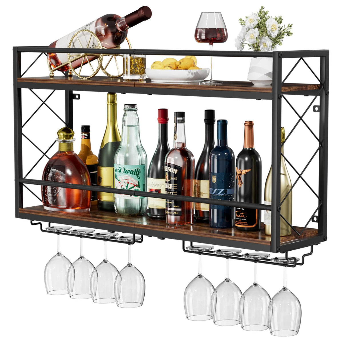 NEYCIL wall-mounted wine rack with two-tier glass holder for space-saving display.