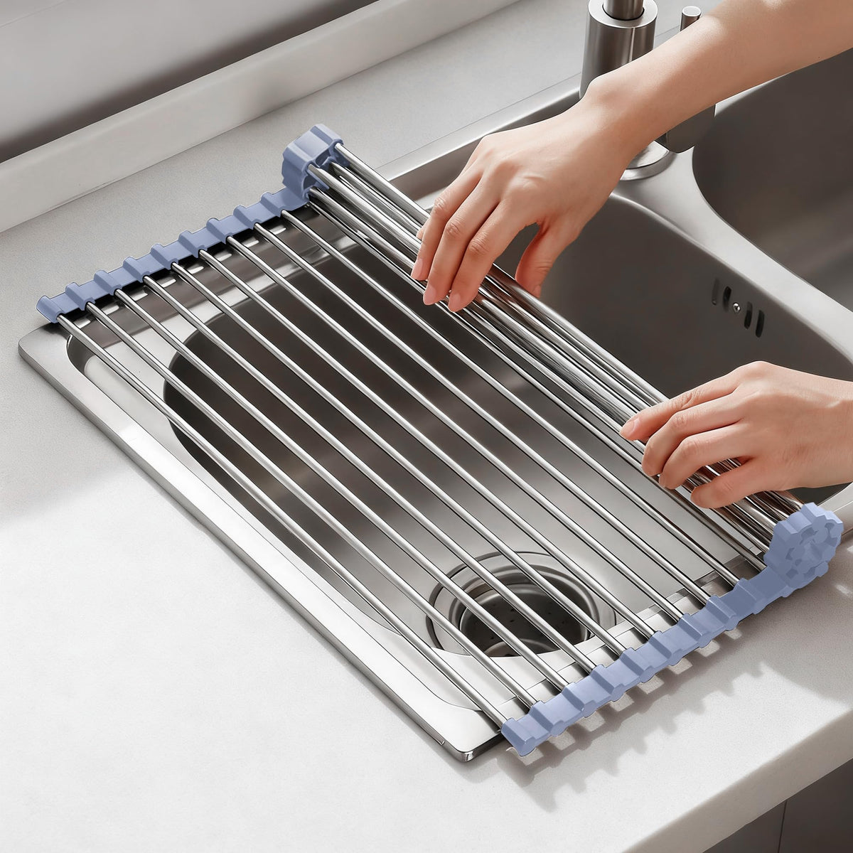 NEZUIBAN roll-up drying rack over sink, gray, assembled for quick dish drying.