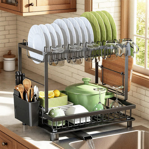 Nfnoyp 2-tier dish drying rack keeps dishes organized and air-dried.