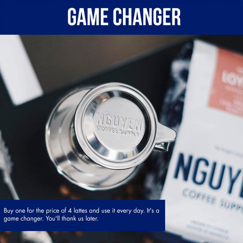 Nguyen Coffee Supply no-paper-filter setup reduces waste and speeds cleanup.