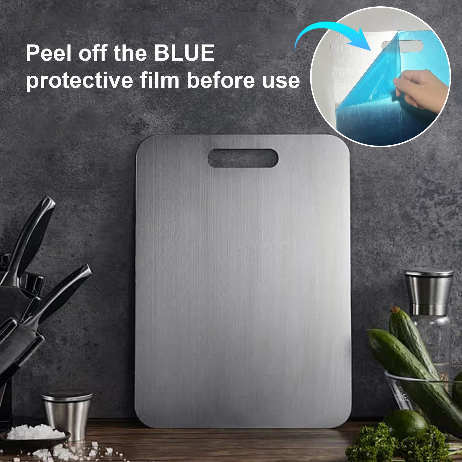 NGWDBA Katuchef titanium board with blue protective film awaiting removal before use.