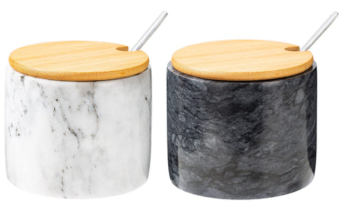NHKRTE marble salt cellar set with 2 pieces, elegant storage for spices on the counter.