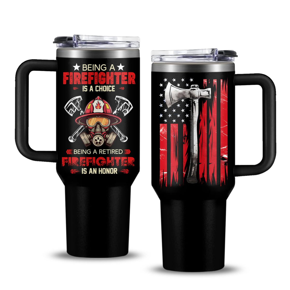 NIAXAUYT retired firefighter mug 40oz displayed on desk, ideal retirement gift.