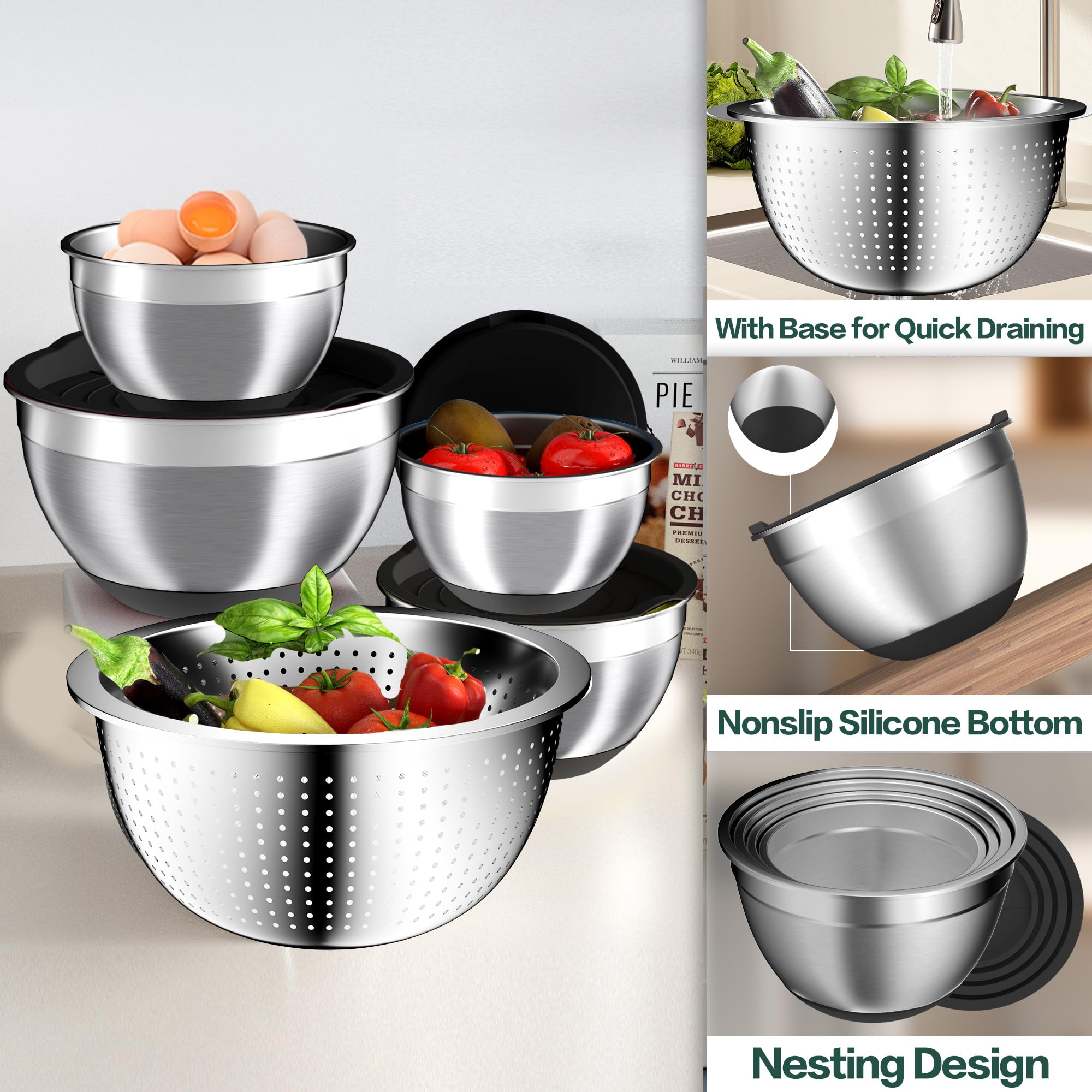 Nicdiet multi-size bowls from 1.5 to 4.5 QT for versatile kitchen tasks.