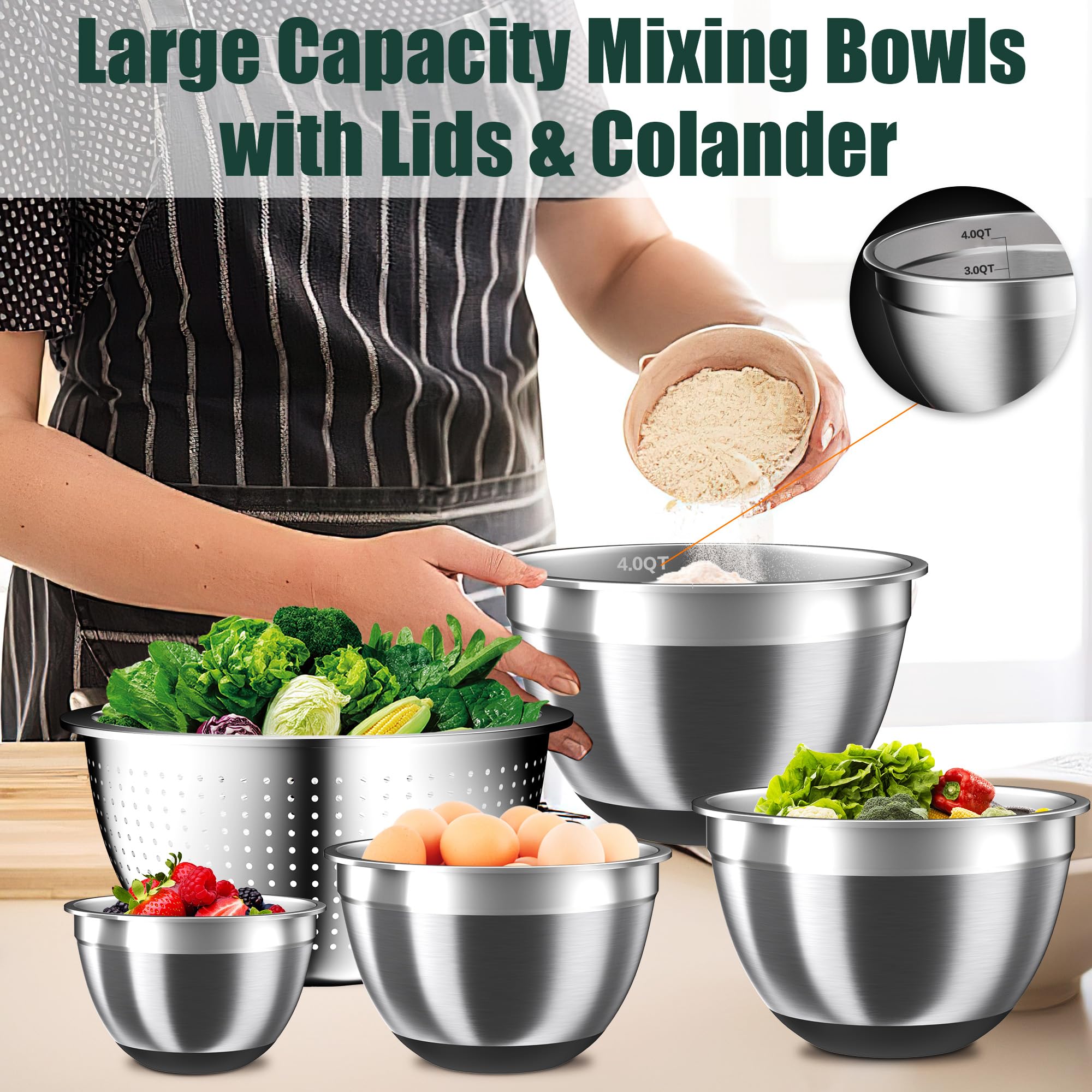 Nicdiet bowls feature non-slip silicone bottoms to stay steady on counters.